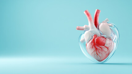 Anatomical illustration of the human heart against a blue backdrop, symbolizing cardiovascular health, organ transplant, medical treatment, and modern heart medicine, banner with copy space