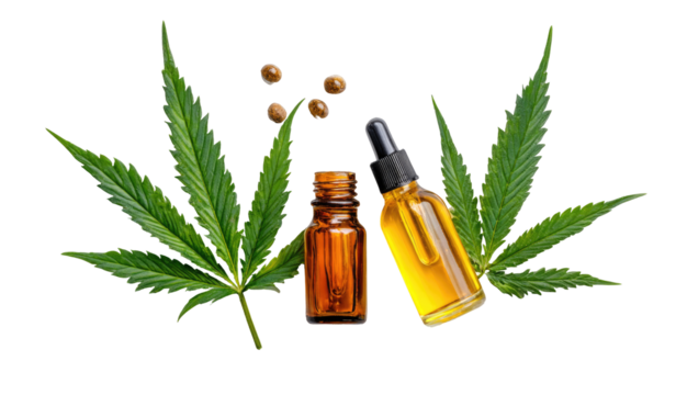 Hemp oil in amber and clear glass bottles, surrounded by vibrant green hemp leaves and seeds