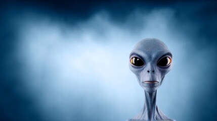 Blue alien with yellow eyes stares at the camera. The alien is surrounded by a cloudy blue background