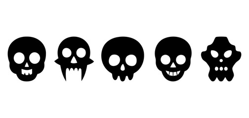 A collection of five distinct black skull illustrations on a white background
