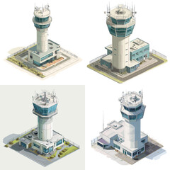 Isometric illustrations of airport control towers with detailed modern architecture, perfect for aviation design, infographics, and infrastructure projects.