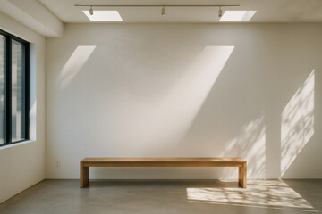 Bright gallery-style interior with long wooden bench, minimalist white wall, and skylight shadows.