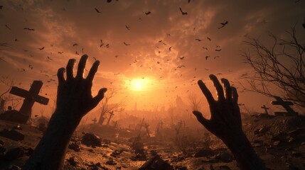 Skeletal hands reaching from graveyard under vibrant sunset with crows