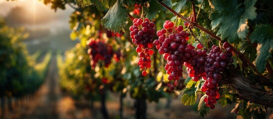 Fototapeta premium Close-up of ripe red grapes on a vine in a vineyard at sunset, with rows receding in distance