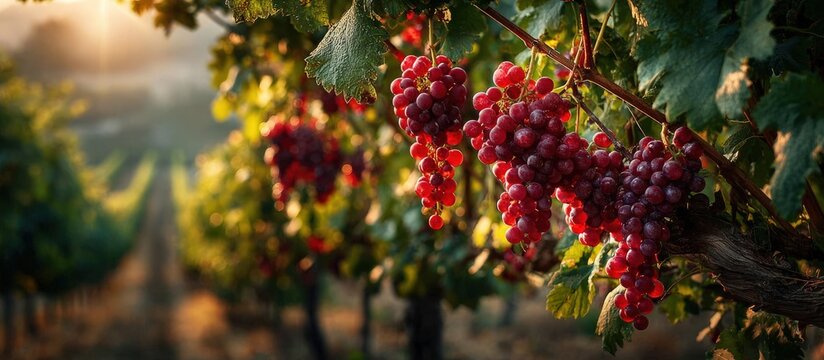 Close-up of ripe red grapes on a vine in a vineyard at sunset, with rows receding in distance