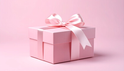 Obraz premium Pink gift box with a delicate bow, presented on a soft pink background.