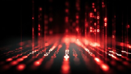 Abstract red digital data stream with binary code, blurred, on black background
