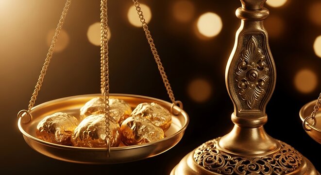 Glimmering Gold Nuggets on a Vintage Balance Scale, Symbolizing Wealth, Investment, and Precious Value in a Luxurious Financial Context