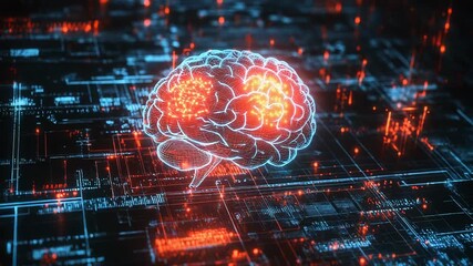 Glowing digital brain processing data on circuit board - Powered by Adobe