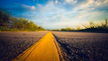 Naklejka premium Closeup of road with yellow line leading into the distance