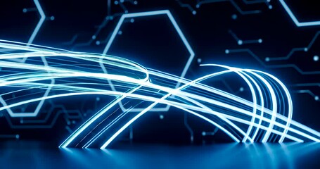 Abstract blue light trails with circuit board pattern data flow animation - Powered by Adobe