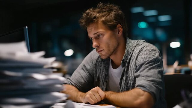 Man in wrinkled shirt leaning forward at messy desk, exhaling frustration while staring at chaotic pile of documents and financial reports, clenched fists, tense shoulders, dim office lighting