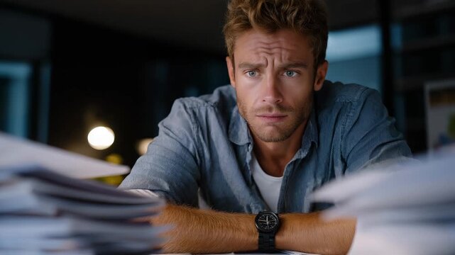 Man in wrinkled shirt leaning forward at messy desk, exhaling frustration while staring at chaotic pile of documents and financial reports, clenched fists, tense shoulders, dim office lighting