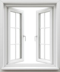 Open white-framed window with six panes on each side, revealing a bright, empty view through its aperture. Clean lines and crisp presentation