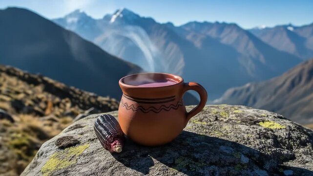 Hot steaming bolivian api morado in a clay mug, a warm drink made from purple corn enjoyed in a beautiful mountain landscape.