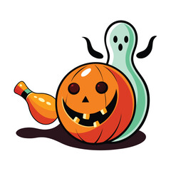 Cute halloween pumpkin and ghost cartoon illustration isolated on white background