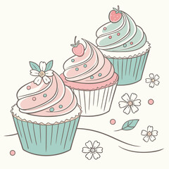 Vector art of three delicious cupcakes with frosting and decoration