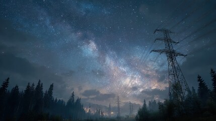 Mountainside power lines against the night sky and milky way view in summer