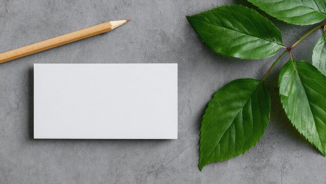 Blank business card with leaves on a gray surface