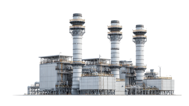 Photorealistic Industrial Gas Power Station with Multiple Smokestacks