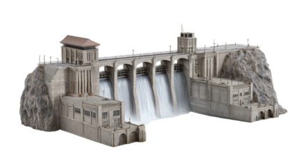 Classic Hydroelectric Power Plant Dam Structure with Water Flow