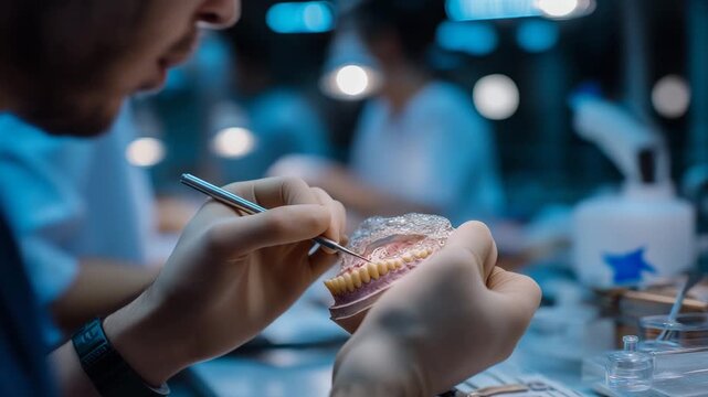 macro close-up of gloved hands sculpting a detailed dental model with precision tools, soft diffused lighting, clean and modern lab setting, focus on craftsmanship and accuracy