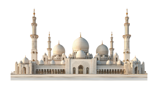 Grand Photorealistic Mosque with Domes and Minarets Isolated on Black