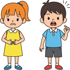 Sad girl and worried boy expressing emotions, standing together, kids showing concern and discomfort, children illustration for emotional awareness.