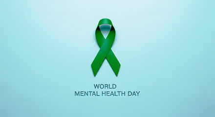 A green ribbon, symbolizing mental health awareness, with the words World Mental Health Day. © S-DESIGN