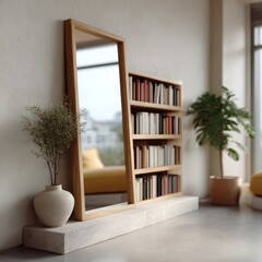 Fototapeta premium Mirror and bookshelf with plants in a modern living room.