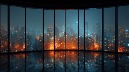 Luxurious apartment room featuring a fireplace and a breathtaking nighttime view of a vibrant city