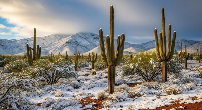 SnowCovered Saguaro Cactus Desert.