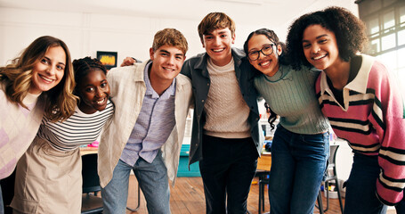 Portrait, high school students and group hug for support, academic development and learning...