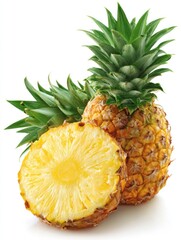 Two pineapples, one whole and one sliced open, revealing its yellow interior, all with green leafy tops, isolated on white