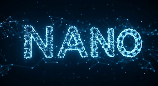 Dynamic digital representation of NANO text within a futuristic interconnected network, symbolizing advanced technology and scientific innovation