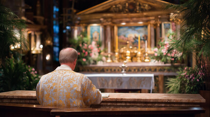 Sacred believer receiving communion at a marble altar with ornate frescoes and golden chalices in a historic church portrayed in a vivid photo with impeccable detail gentle