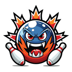 Aggressive bowling ball vampire cartoon character with pins isolated on white background