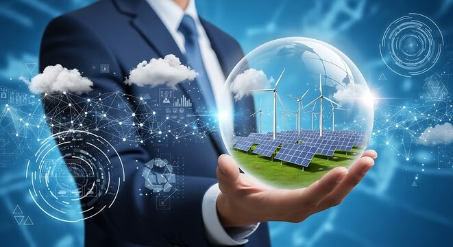 Business leader holds a digital globe, symbolizing a future of renewable energy and sustainable technology. Environmental commitment for green business growth