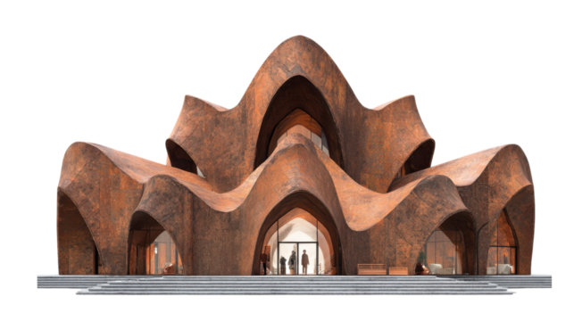 Photorealistic rendering of a futuristic organic brick museum facade - Powered by Adobe
