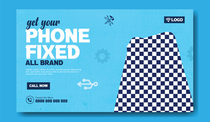 Get your phone fixed all brand cracked screen repair service advertisement with blue background