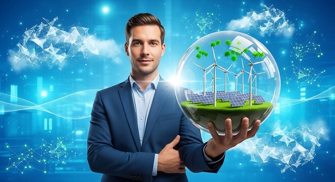 A visionary professional champions the future of sustainable energy, presenting a powerful concept of renewable power integration in a dynamic global technological landscape
