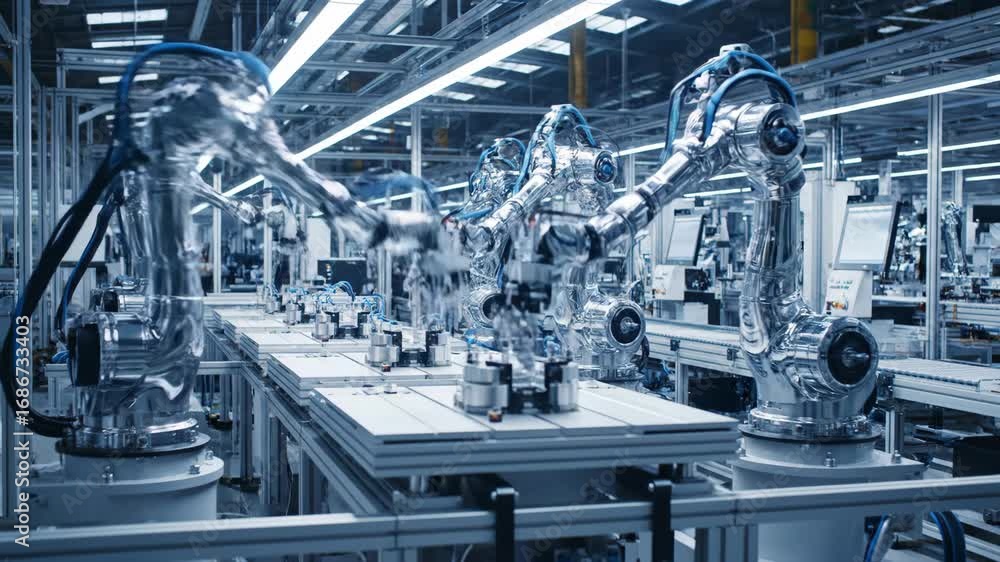 Poster automated assembly line: robotic arms precision manufacturing in modern factory