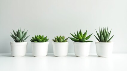 A minimalist arrangement of small succulent plants in white pots against a light gray background.