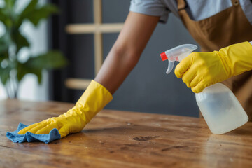 A black person is cleaning a table with a spray bottle and a yellow glove. The table is wooden and has a few stains on it