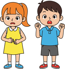 Scared cartoon girl and boy expressing fear and anxiety, emotional reaction illustration of children with frightened facial expressions and gestures.