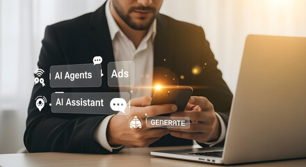 Man in black suit holding smartphone with AI interface overlays