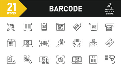 Barcode line icon set. Set of 21 outline icons related to barcode, scanner, QR code, payment barcode, phone scanner, QR scan  and others. Editable stroke. Vector illustration.