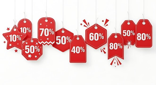 Vibrant collection of red hanging discount price tags, showcasing various percentage reductions from ten to eighty percent, perfect for retail promotions and seasonal sales events