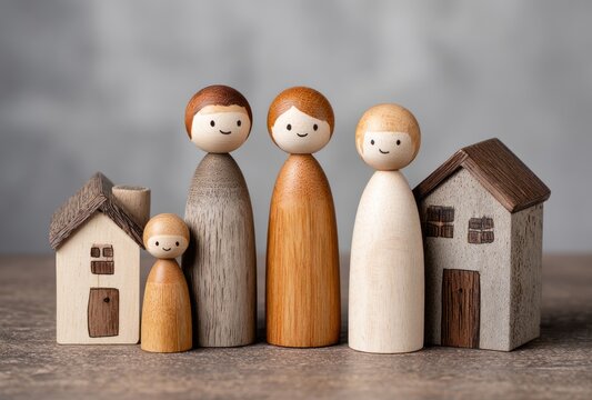 Wooden figurines depicting a family of four with two small house figurines, all on a wooden surface against a soft grey background