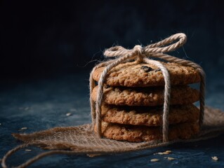 Close-up of stacked oatmeal raisin cookies tied with rustic twine.
